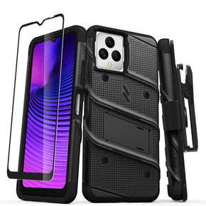 T-Mobile Revvl 6 5G BOLT Series Combo Case (with Kickstand, Holster, and Tempered Glass) - Black / Black