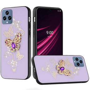 T-Mobile REVVL 6 5G SPLENDID Engraved Ornaments Diamond Glitter Design Hybrid Case - Garden Butterflies / Purple