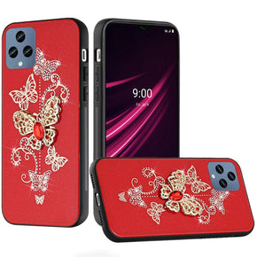 T-Mobile REVVL 6 5G SPLENDID Engraved Ornaments Diamond Glitter Design Hybrid Case - Garden Butterflies / Red