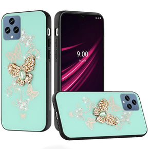 T-Mobile REVVL 6 5G SPLENDID Engraved Ornaments Diamond Glitter Design Hybrid Case - Garden Butterflies / Teal
