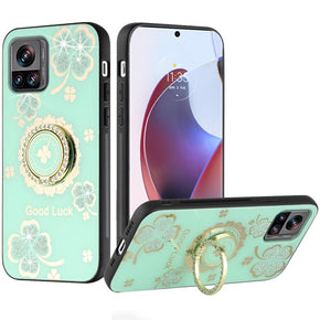 Motorola Moto Edge Plus (2023) SPLENDID Engraved Ornaments Diamond Glitter Design Hybrid Case (w/ Ring Stand) - Clover/Teal
