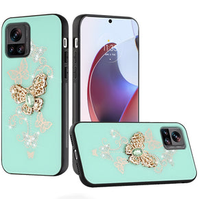 Motorola Moto Edge Plus (2023) SPLENDID Engraved Ornaments Diamond Glitter Design Hybrid Case - Garden Butterflies/Teal