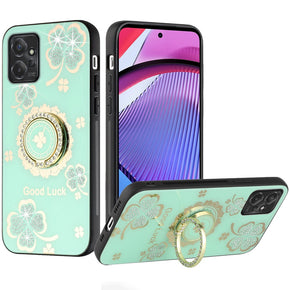 Motorola Moto G Power (2023) SPLENDID Engraved Ornaments Diamond Glitter Design Hybrid Case (w/ Ring Stand) - Clover / Teal