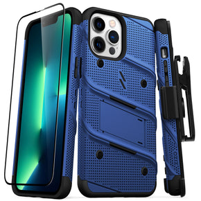 Apple iPhone 13 Pro Max (6.7) Bolt Series Combo Case (with Kickstand, Holster, and Tempered Glass) - Blue / Black
