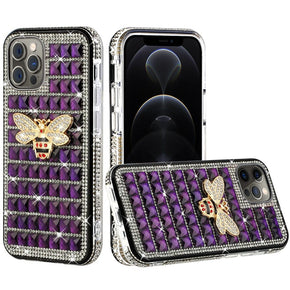 Apple iPhone 13 Pro (6.1) Bling Ornament Diamond Shiny Crystals Case - Bee / Purple