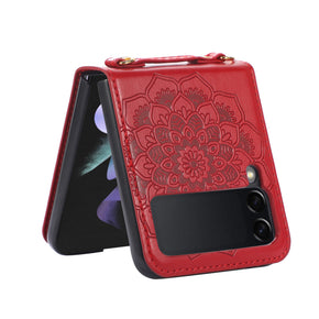 Samsung Galaxy Z Flip3 5G Embossed Floral Design Case with Strap - Red
