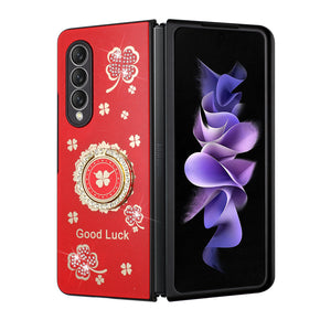 Samsung Galaxy Z Fold3 5G SPLENDID Engraved Ornaments Diamond Glitter Design Hybrid Case (with Ring Stand) - Clover / Red