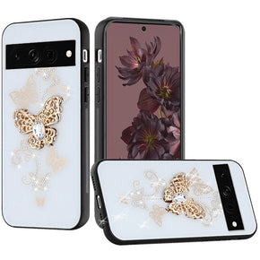 Google Pixel 7 Pro SPLENDID Engraved Ornaments Diamond Glitter Design Hybrid Case - Garden Butterflies / White