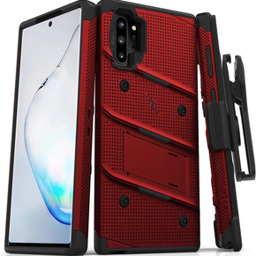 Samsung Galaxy Note 10 Plus BOLT Series Combo Case [with Built-in Kickstand, Holster, and Tempered Glass] - Red / Black