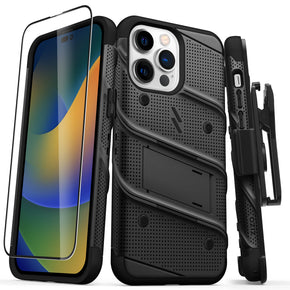 Apple iPhone 15 Pro Max (6.7) Bolt Series Combo Case (with Kickstand, Holster, and Tempered Glass) - Black / Black