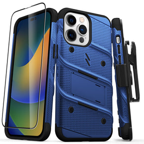 Apple iPhone 15 Pro Max (6.7) Bolt Series Combo Case (with Kickstand, Holster, and Tempered Glass) - Blue / Black
