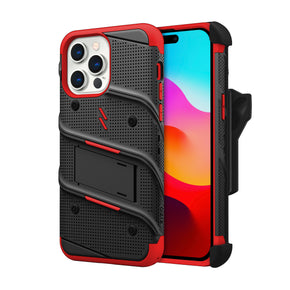 Apple iPhone 15 Pro Max (6.7) Bolt Series Combo Case (with Kickstand, Holster, and Tempered Glass) - Black / Red
