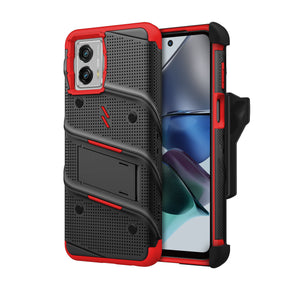 Motorola Moto G 5G (2023) Bolt Series Combo Case (with Kickstand, Holster, and Tempered Glass) - Black / Red
