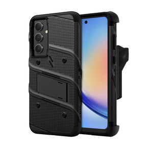 Samsung Galaxy A35 5G BOLT Series Combo Case (with Kickstand, Holster, and Tempered Glass) - Black / Black