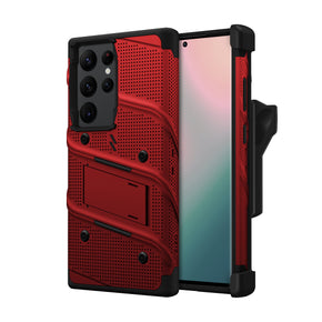Samsung Galaxy S24 Ultra Bolt Series Combo Case (with Kickstand, Holster, and Tempered Glass) - Red / Black