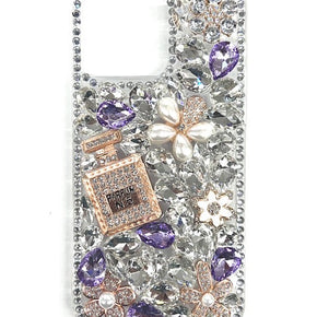 Apple iPhone 16 (6.1) Full Diamond Ornaments Case (Pearl Flowers with Perfume) - Purple