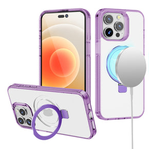 Apple iPhone 13 Pro Max (6.7) Magsafe Dotted Edge Transparent Hybrid (with Kickstand) Case - Purple