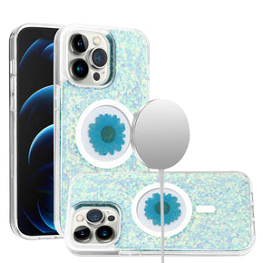 Apple iPhone 15 Pro (6.1) Magsafe Epoxy Flower Glitter Hybrid Case - Blue
