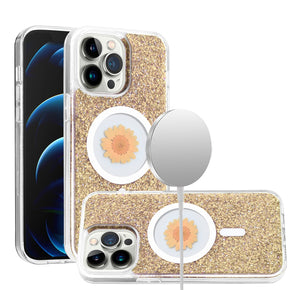 Apple iPhone 15 Pro Max (6.7) Magsafe Epoxy Flower Glitter Hybrid Case - Gold