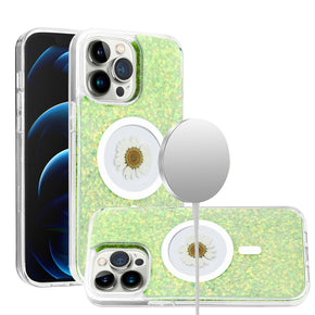 Apple iPhone 15 Pro (6.1) Magsafe Epoxy Flower Glitter Hybrid Case - Green