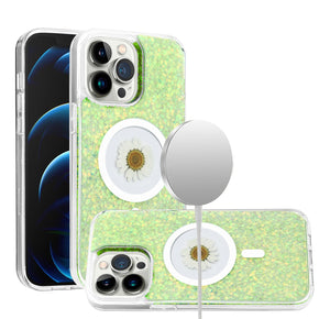 Apple iPhone 15 (6.1) Magsafe Epoxy Flower Glitter Hybrid Case - Green