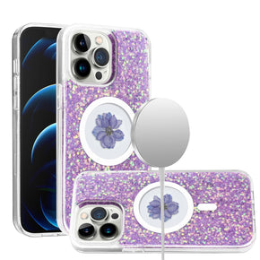 Apple iPhone 15 Pro Max (6.7) Magsafe Epoxy Flower Glitter Hybrid Case - Purple