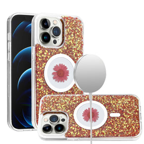 Apple iPhone 12 / 12 Pro (6.1) Magsafe Epoxy Flower Glitter Hybrid Case - Red