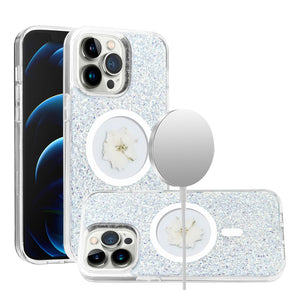 Apple iPhone 15 Plus (6.7) Magsafe Epoxy Flower Glitter Hybrid Case - Silver