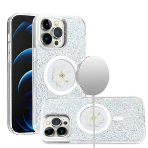 Apple iPhone 12 / 12 Pro (6.1) Magsafe Epoxy Flower Glitter Hybrid Case - Silver