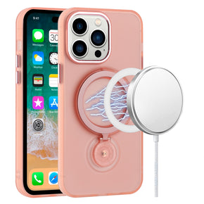 Apple iPhone 11 Pro Max (6.5) Magsafe Compatible Hoop 360 Ring Stand Transparent Frost Chrome Hybrid Case - Pink