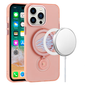 Apple iPhone 15 Plus (6.7) Magsafe Compatible Hoop 360 Ring Stand Transparent Frost Chrome Hybrid Case - Pink