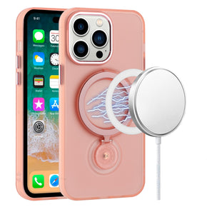 Apple iPhone 12 / 12 Pro (6.1) Magsafe Compatible Hoop 360 Ring Stand Transparent Frost Chrome Hybrid Case - Pink