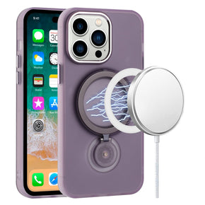 Apple iPhone 14 Pro Max (6.7) Magsafe Compatible Hoop 360 Ring Stand Transparent Frost Chrome Hybrid Case - Purple