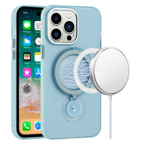 Samsung Galaxy S22 Ultra Magsafe Compatible Hoop 360 Ring Stand Transparent Frost Chrome Hybrid Case - Sky Blue