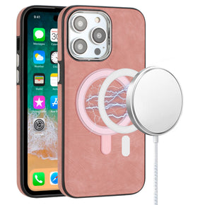 Apple iPhone 12 / 12 Pro (6.1) Fashion Chrome Edged Camera MagSafe PU Leather Case - Pink