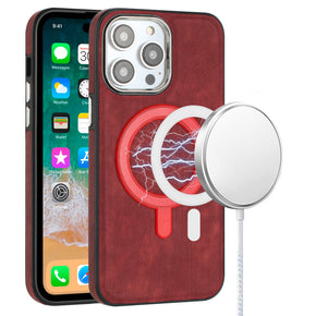 Apple iPhone 12 / 12 Pro (6.1) Fashion Chrome Edged Camera MagSafe PU Leather Case -Red