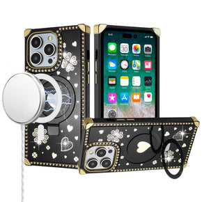 Apple iPhone 12 / 12 Pro (6.1) Magsafe Diamond Square Passion Hearts Glitter (with Kickstand) Case - Black