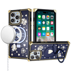 Apple iPhone 15 Plus (6.7) Magsafe Diamond Square Passion Hearts Glitter (with Kickstand) Case - Blue