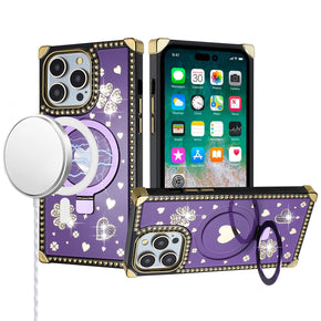 Apple iPhone 12 / 12 Pro (6.1) Magsafe Diamond Square Passion Hearts Glitter (with Kickstand) Case - Purple