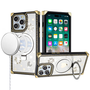 Apple iPhone 15 Plus (6.7) Magsafe Diamond Square Passion Hearts Glitter (with Kickstand) Case - Silver