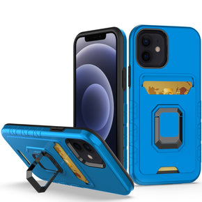 Apple iPhone 11 Pro Max (6.5) Brushed Metal Hybrid Case (w/ Card Holder and Magnetic Ring Stand) - Blue
