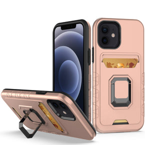 Apple iPhone 14 (6.1) Brushed Metal Hybrid Case (w/ Card Holder and Magnetic Ring Stand) - Rose Gold