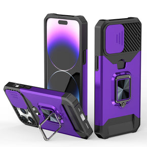 Apple iPhone 15 Pro Max (6.7) Multi-Function Hybrid Case with Card Holder, Camera Cover and Magnetic Ring Stand - Dark Purple