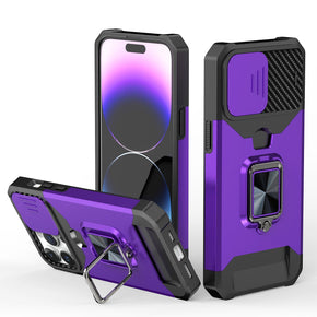 Apple iPhone 15 (6.1) Multi-Function Hybrid Case with Card Holder, Camera Cover and Magnetic Ring Stand - Dark Purple