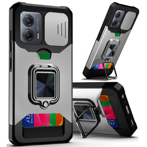 Motorola Moto G Play (2023) Multi-Function Hybrid Case (with Card Holder, Camera Cover and Magnetic Ring Stand) - Silver