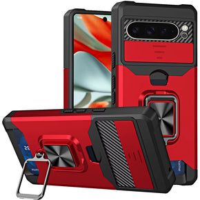 Google Pixel 9 Pro XL Multi-Function Hybrid Case (with Card Holder, Camera Cover and Magnetic Ring Stand) - Red