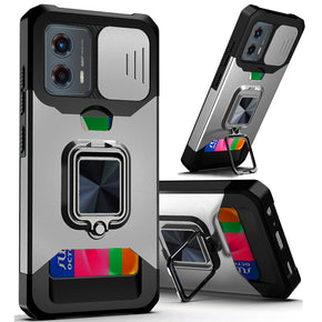 Motorola Moto G Power 5G (2024) Multi-Function Hybrid Case (with Card Holder, Camera Cover and Magnetic Ring Stand) - Silver