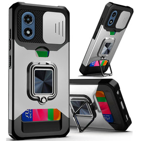 Motorola Moto G Play (2024) Multi-Function Hybrid Case (with Card Holder, Camera Cover and Magnetic Ring Stand) - Silver