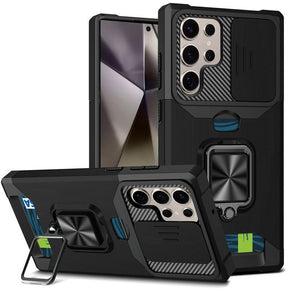 Samsung Galaxy S25 Ultra Multi-Function Hybrid Case (w/ Card Holder, Camera Cover and Magnetic Ring Stand) - Black