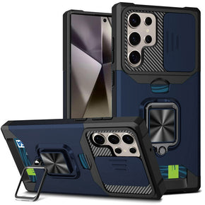 Samsung Galaxy S25 Ultra Multi-Function Hybrid Case (w/ Card Holder, Camera Cover and Magnetic Ring Stand) - Blue